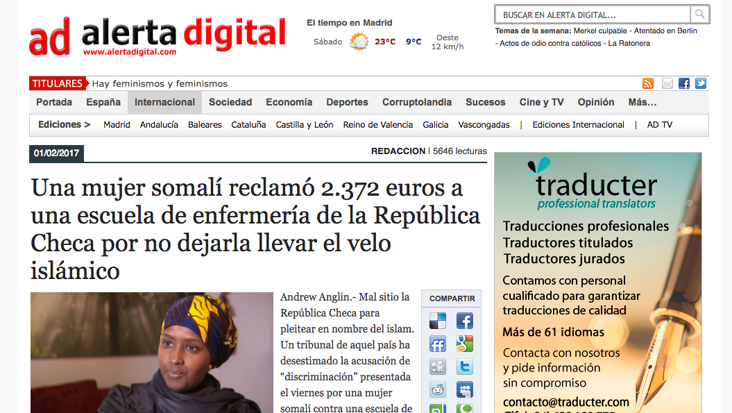 Alerta Digital: Una mujer somalí reclamó 2.372 euros a una escuela de enfermería de la República Checa por no dejarla llevar el velo islámico