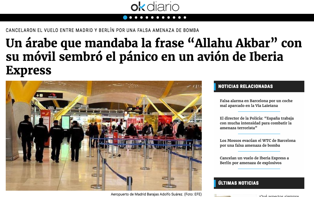 OK diario: Un árabe que mandaba la frase "Allahu Akbar" con su móvil sembró el pánico en un avión de Iberia Express